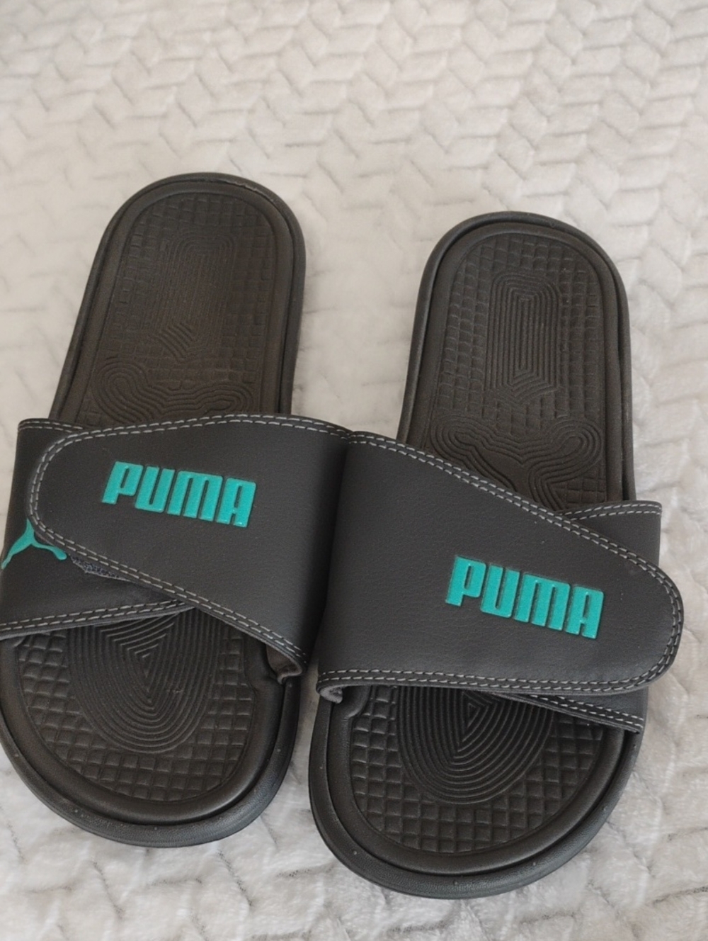 mens Puma Black Slides with Teal Logo Accent